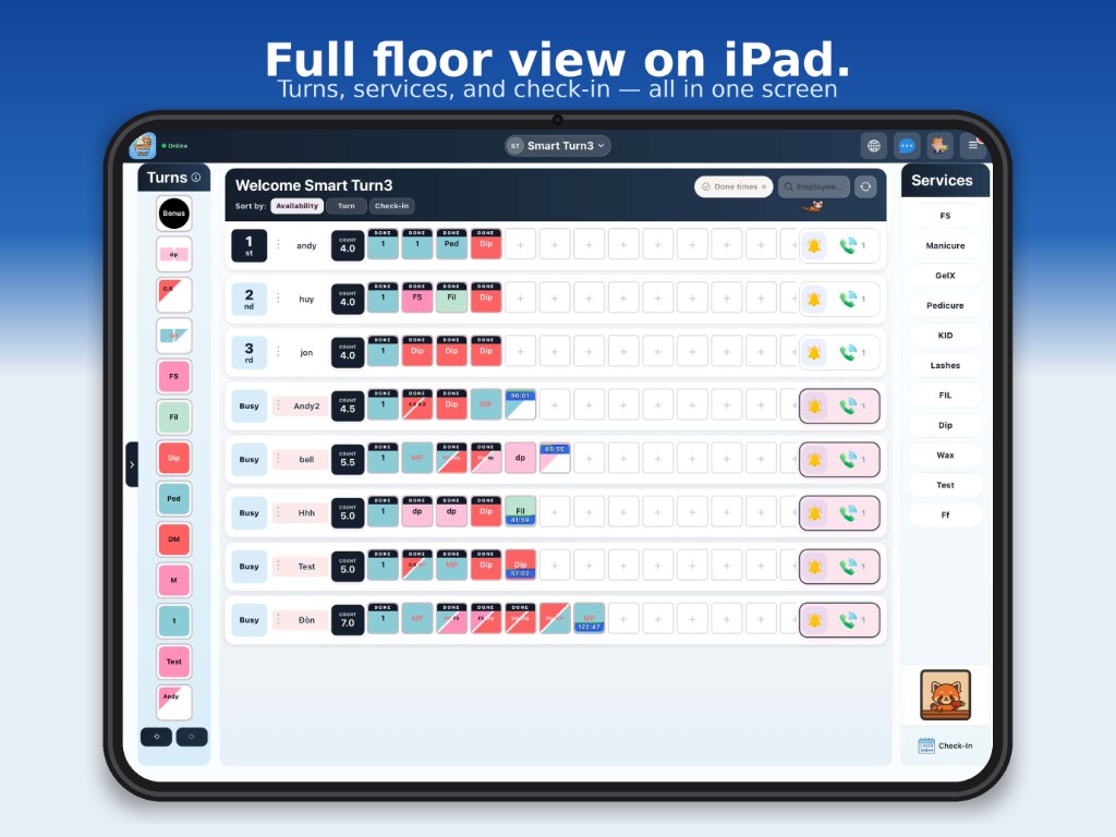 Bảng turn đầy đủ trên iPad: turn, dịch vụ và check-in trên một màn hình