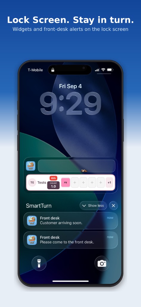 Màn hình khóa iPhone: widget chia turn và thông báo từ quầy lễ tân